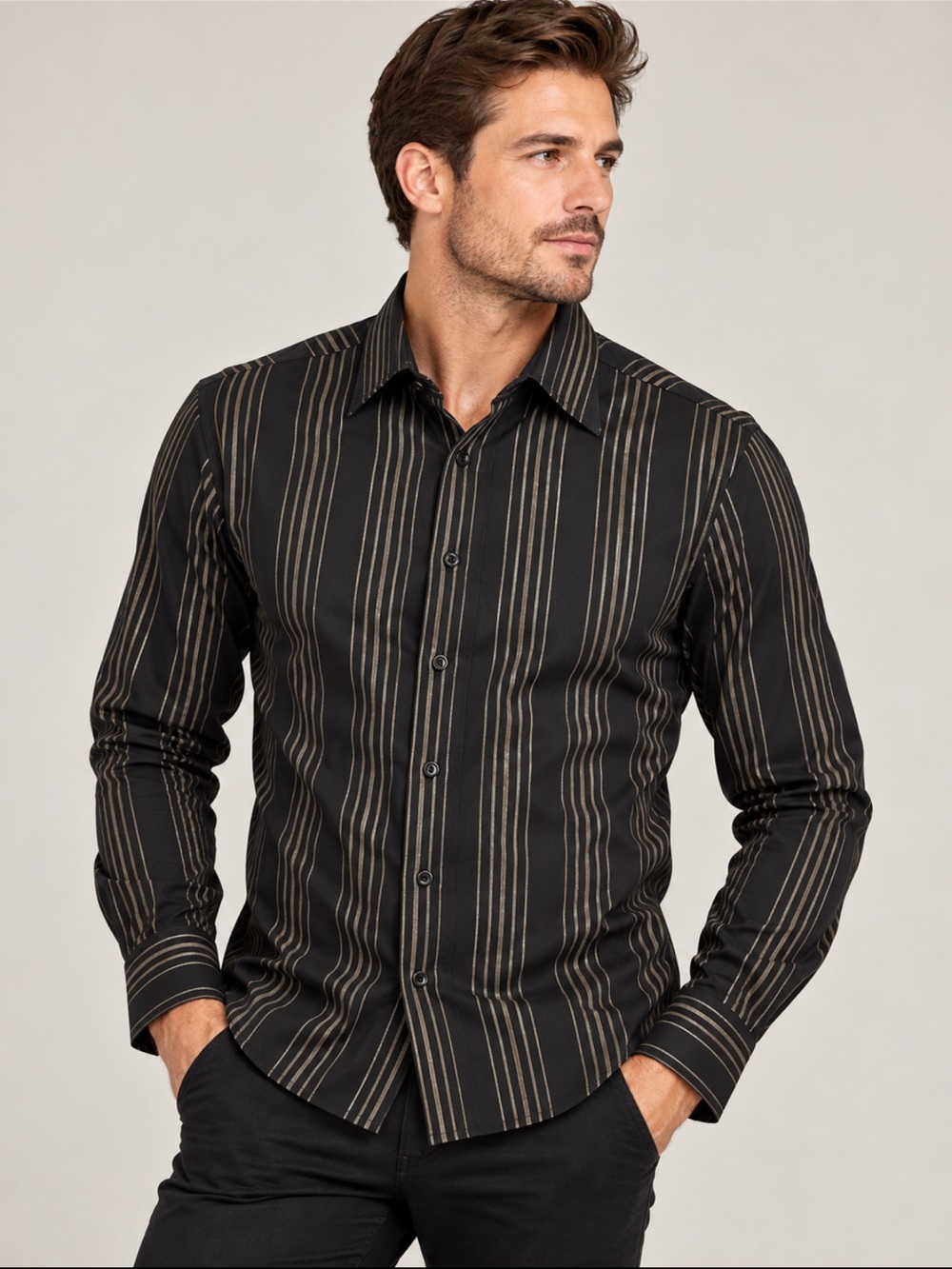 Y2K Men’s XXL Black Bronze Striped Fitted Stretch Button Down Shirt